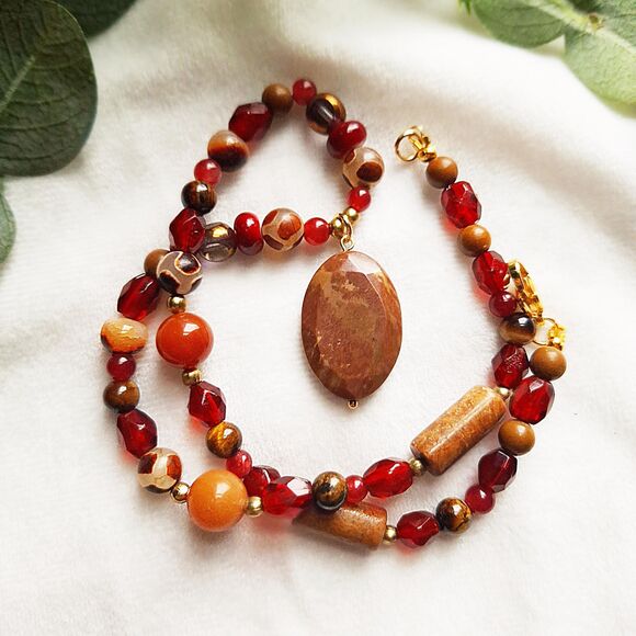 Brown Jasper & Red Jade Beaded Pendant Necklace - 24k Gold Plated Stainless - Picture 4 of 16